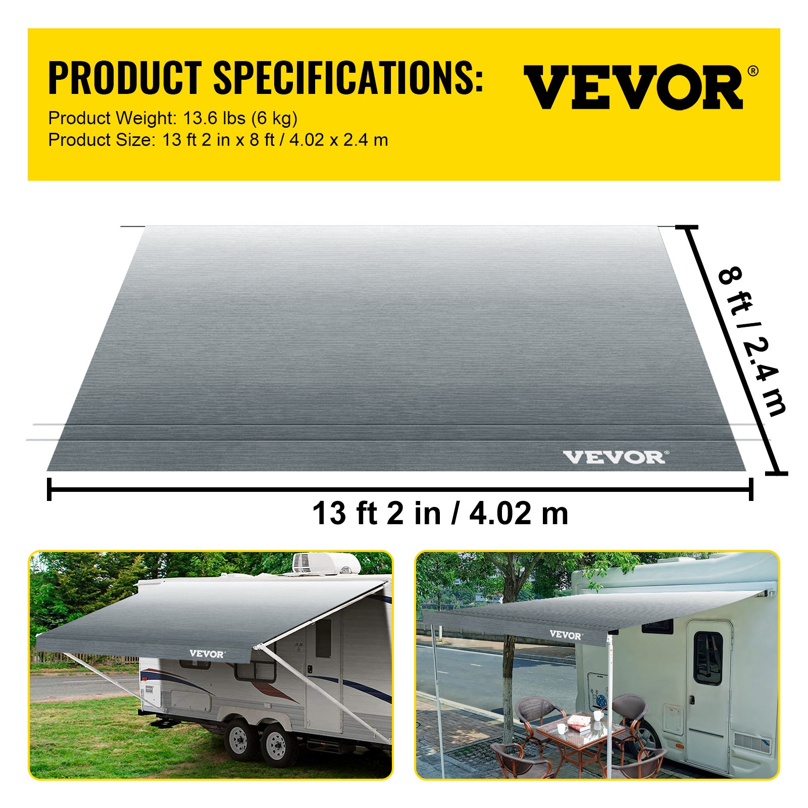 VEVOR RV Awning Fabric RV Camper Trailer Replacement Fabric 14 ft Gray Fade
