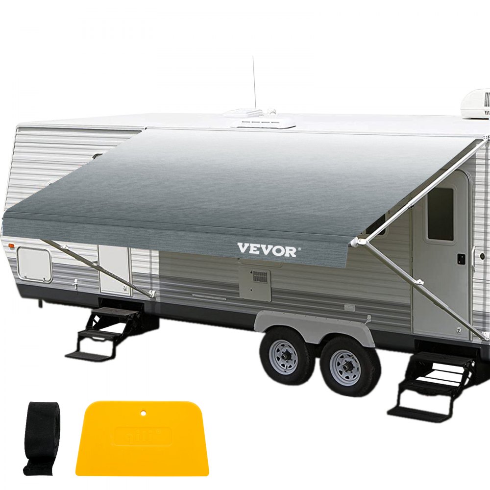 VEVOR rv awning shown on a travel trailer with accessories nearby.