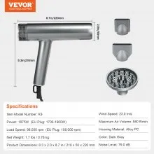 VEVOR Professional Hair Dryer, 3.0 Million Negative Ions Blow Dryer, 98,000RPM High-Speed Brushless Motor, 3 Temp & 3 Speeds, Lightweight Salon Hair Blow Dryers with Nozzles & Diffuser for Home Travel