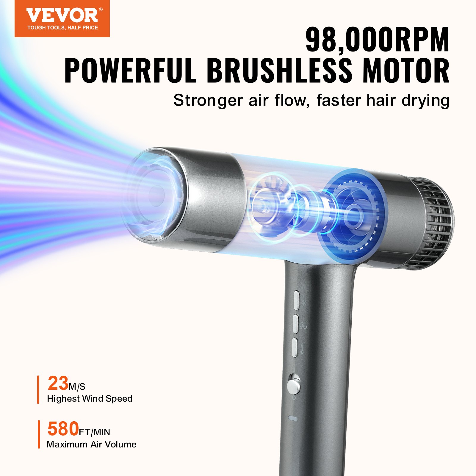 VEVOR Professional Hair Dryer 3.0 Million Negative Ions 108000RPM 3 Temp & Speed