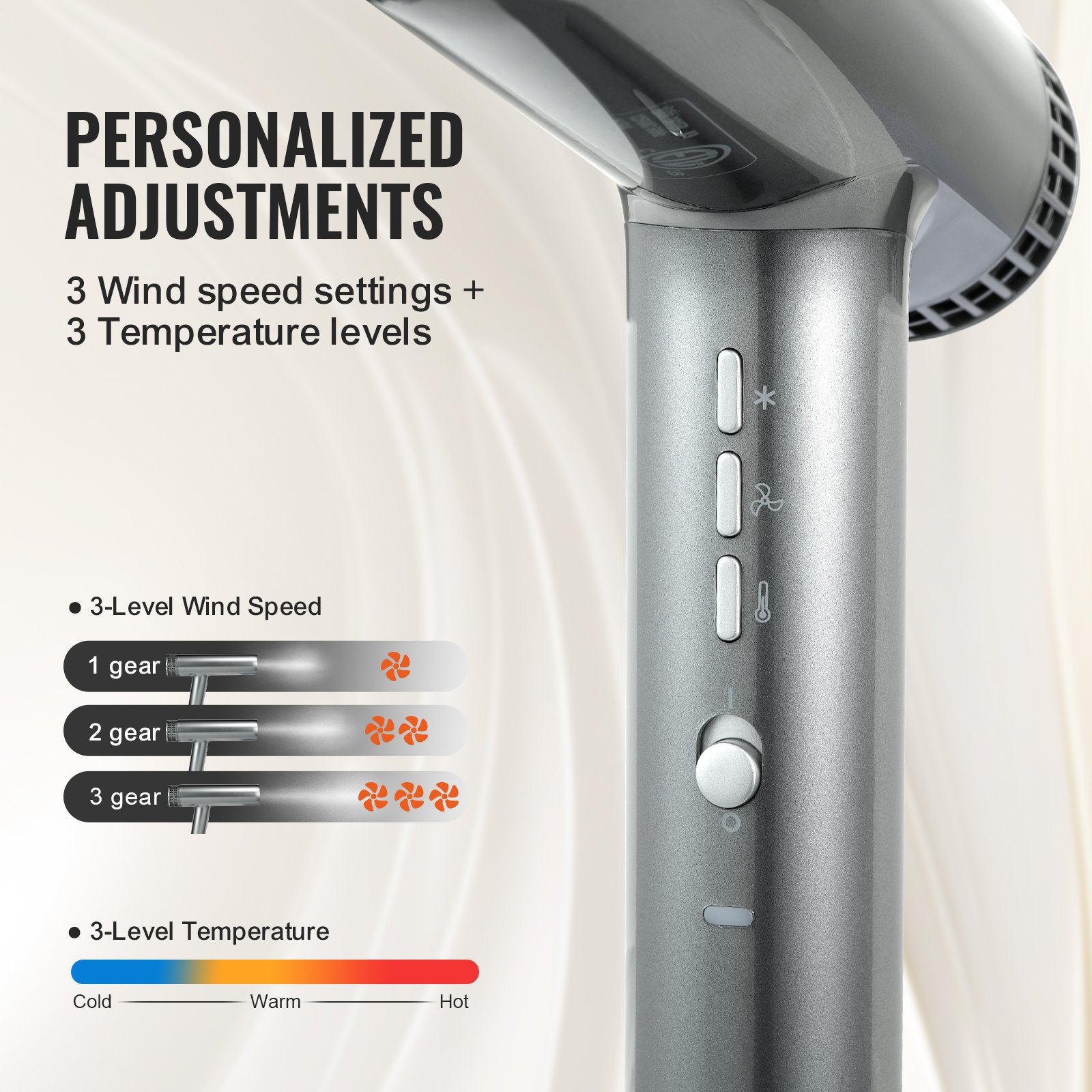 VEVOR Professional Hair Dryer 3.0 Million Negative Ions 108000RPM 3 Temp & Speed