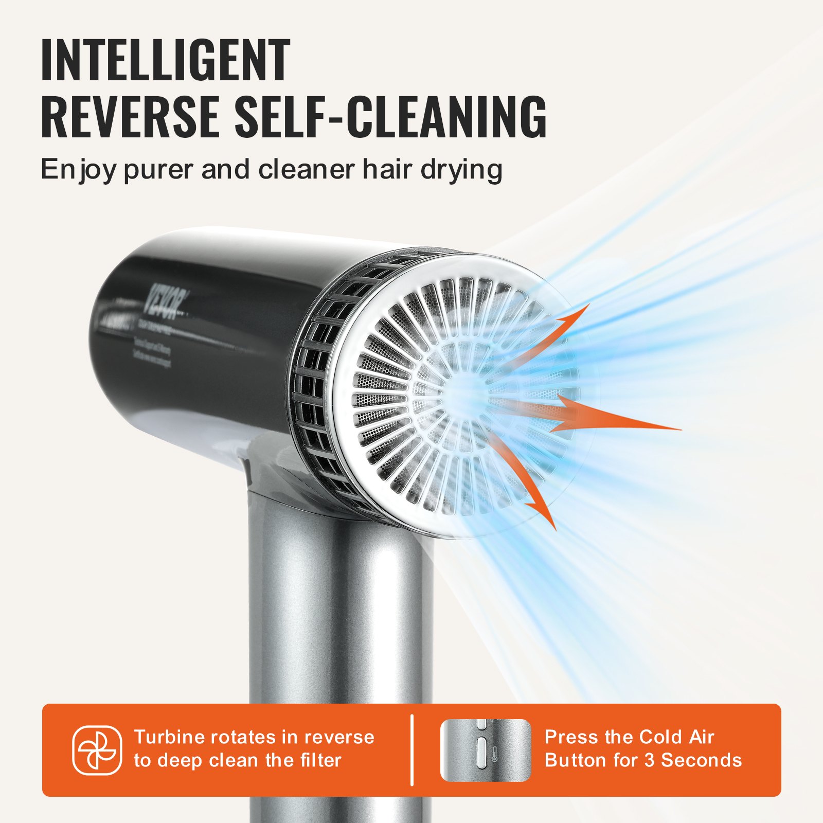 VEVOR Professional Hair Dryer 3.0 Million Negative Ions 108000RPM 3 Temp & Speed