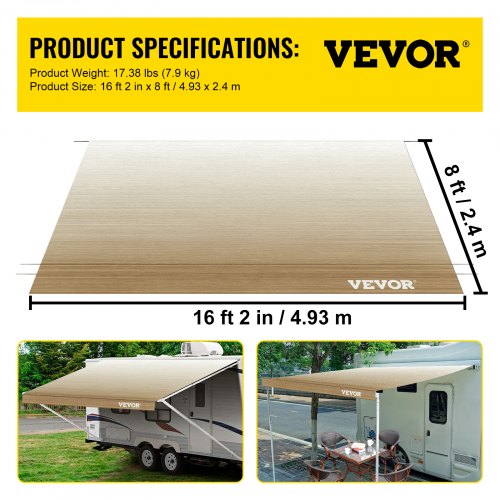 VEVOR RV Awning Fabric Replacement 17FT, Heavy Duty Weatherproof Vinyl 15oz Universal Outdoor Canopy for Camper, Trailer, and Motorhome Awnings, Brown Fade