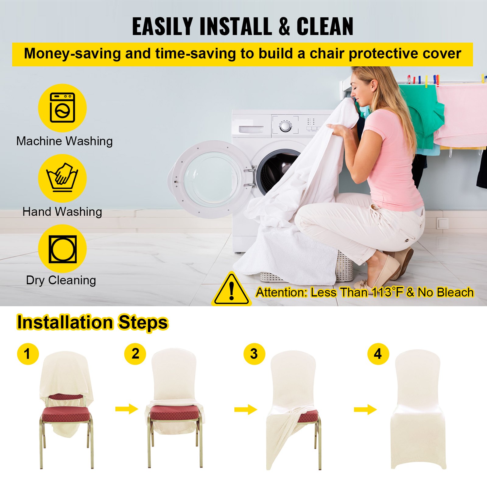 VEVOR Stretch Spandex Folding Chair Covers, Universal Fitted Chair Cover, Removable Washable Protective Slipcovers, for Wedding, Holiday, Banquet, Party, Celebration, Dining (100PCS Beige)