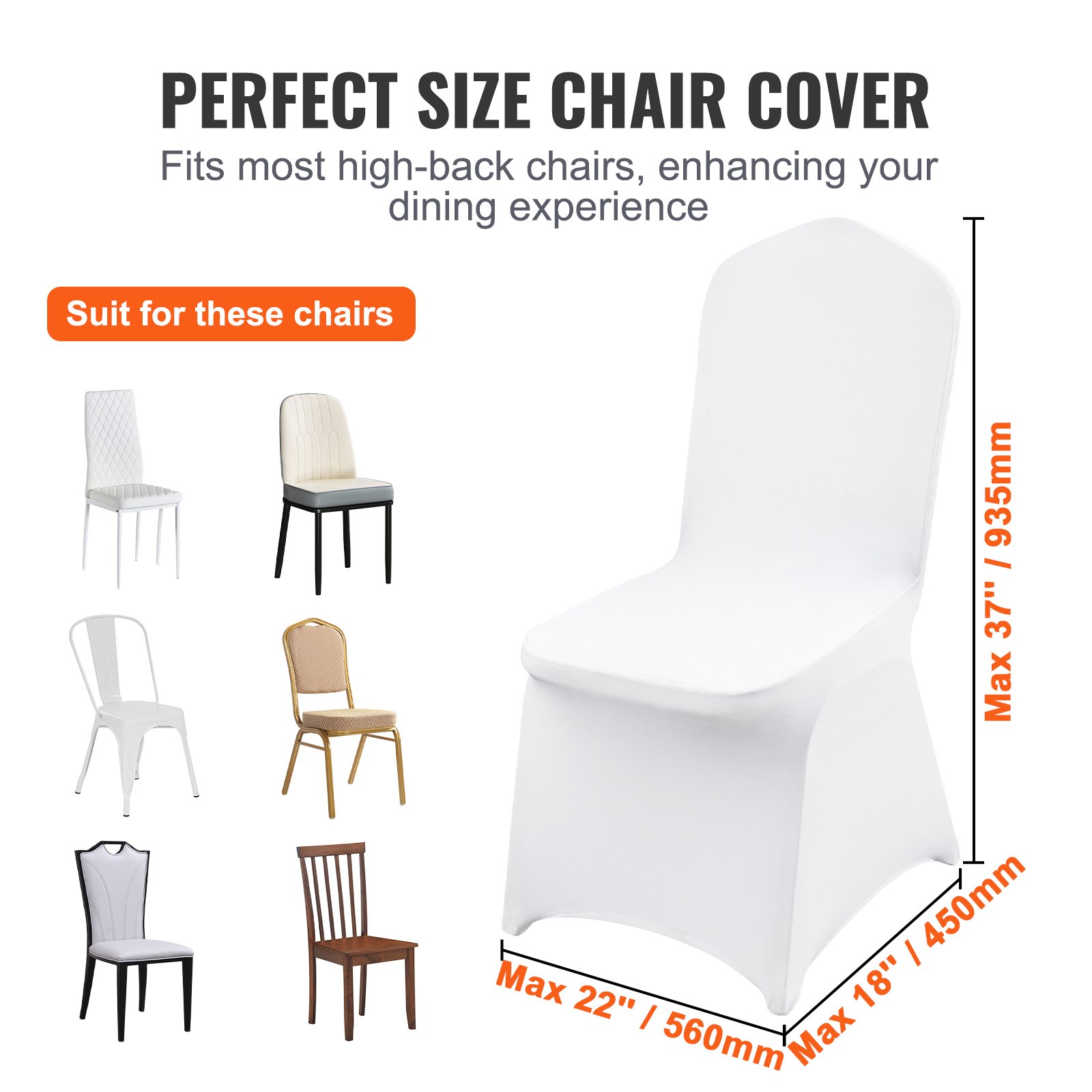 VEVOR spandex chair covers suitable for various high-back chairs, enhancing dining experience.