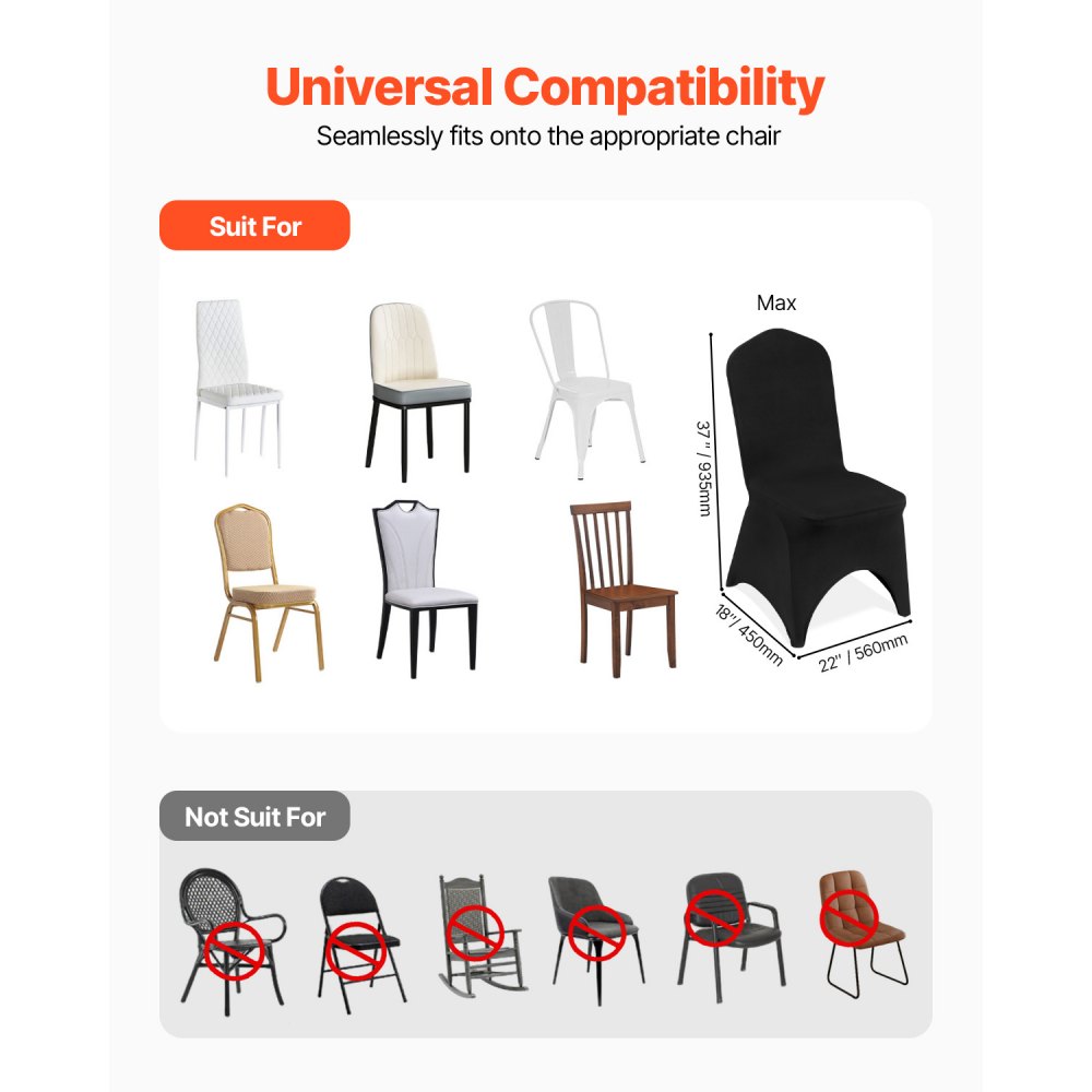 VEVOR Stretch Spandex Folding Chair Covers, Universal Fitted Arched Front Cover, Removable Washable Protective Slipcovers, for Wedding, Holiday, Banquet, Party, Celebration, Dining (50PCS Black)