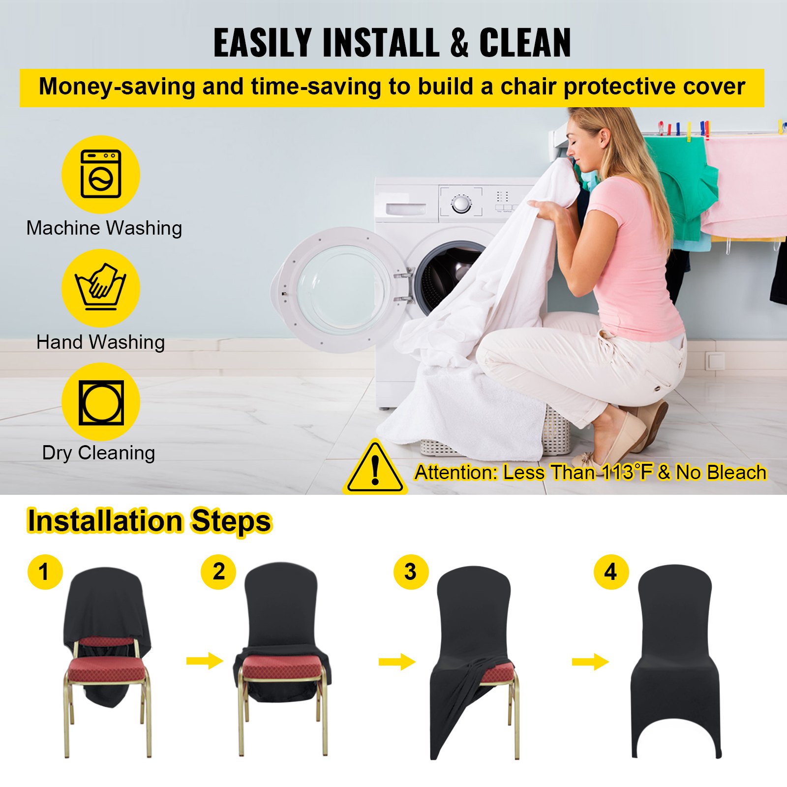 VEVOR Stretch Spandex Folding Chair Covers, Universal Fitted Arched Front Cover, Removable Washable Protective Slipcovers, for Wedding, Holiday, Banquet, Party, Celebration, Dining (50PCS Black)