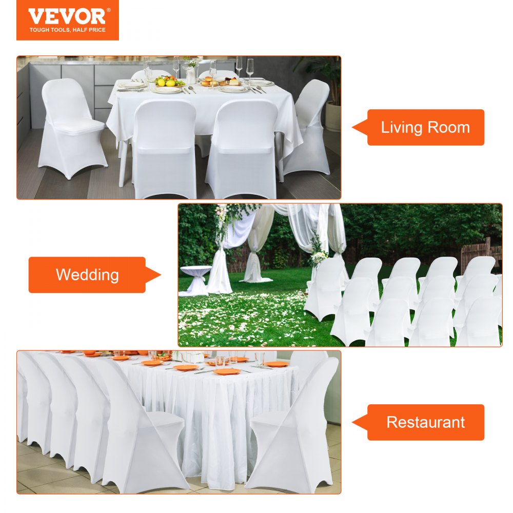 VEVOR Stretch Spandex Folding Chair Covers, Universal Fitted Chair Cover, Removable Washable Protective Slipcovers, for Wedding, Holiday, Banquet, Party, Celebration, Dining (12PCS White)
