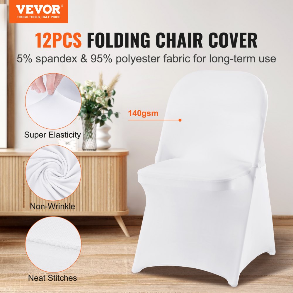 VEVOR Stretch Spandex Folding Chair Covers, Universal Fitted Chair Cover, Removable Washable Protective Slipcovers, for Wedding, Holiday, Banquet, Party, Celebration, Dining (12PCS White)