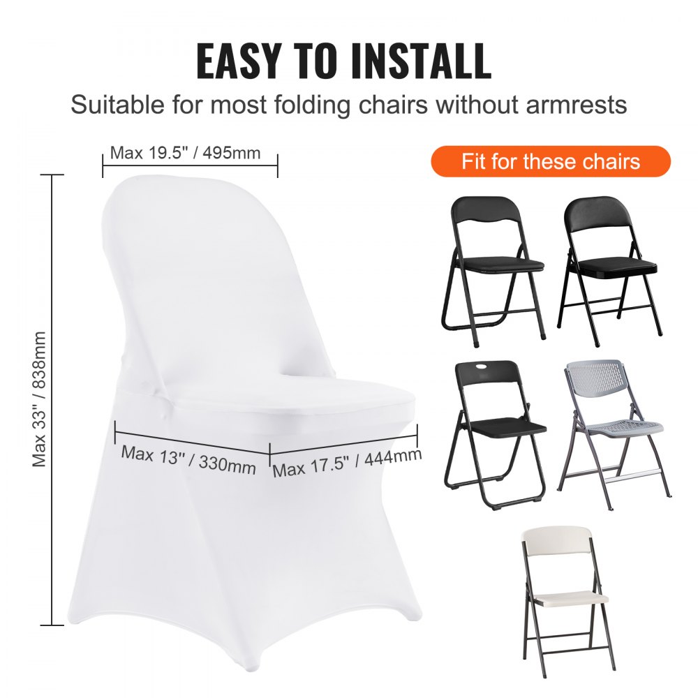 VEVOR Stretch Spandex Folding Chair Covers, Universal Fitted Chair Cover, Removable Washable Protective Slipcovers, for Wedding, Holiday, Banquet, Party, Celebration, Dining (12PCS White)