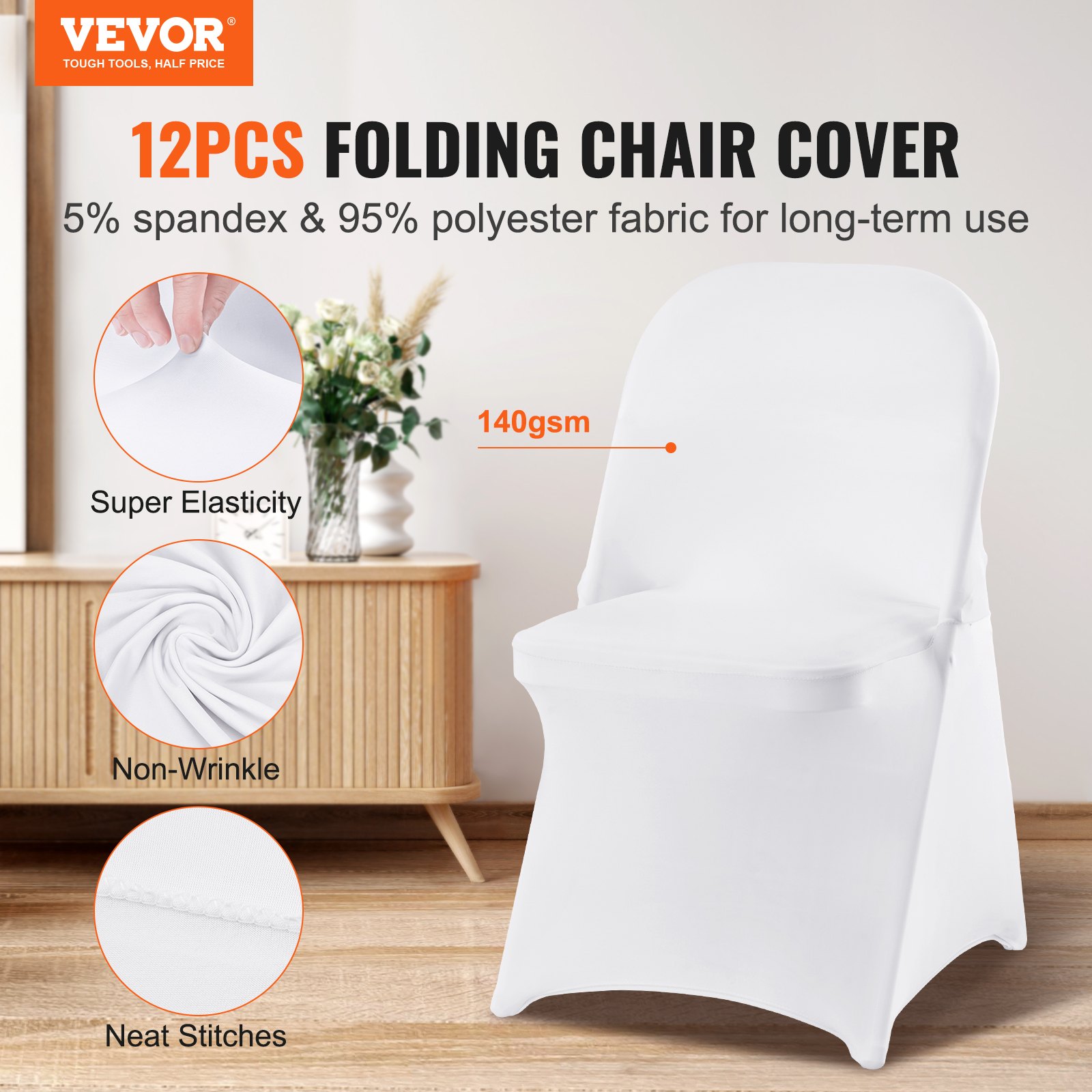 VEVOR Stretch Spandex Folding Chair Covers, Universal Fitted Chair Cover, Removable Washable Protective Slipcovers, for Wedding, Holiday, Banquet, Party, Celebration, Dining (12PCS White)