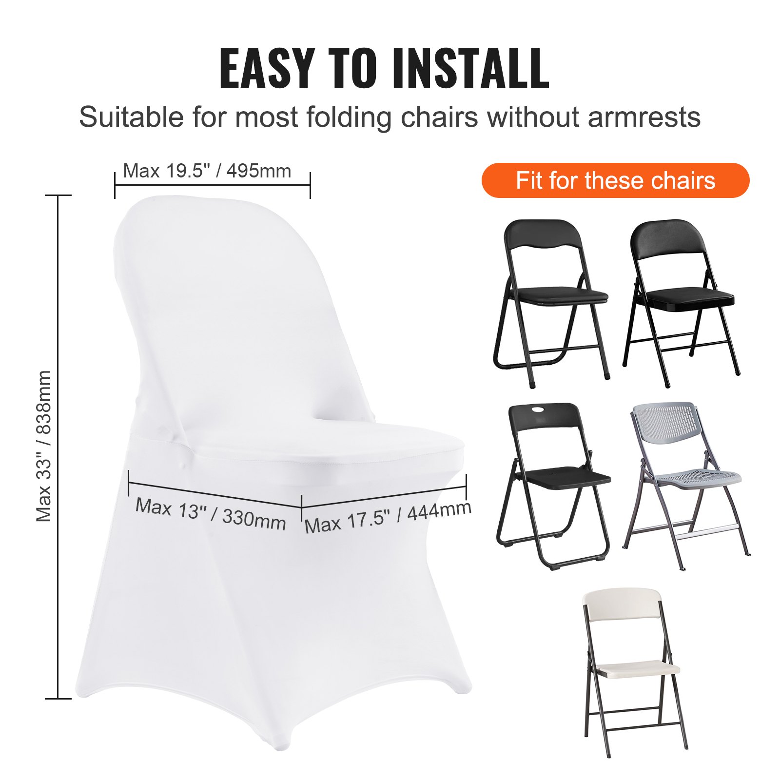 VEVOR Stretch Spandex Folding Chair Covers, Universal Fitted Chair Cover, Removable Washable Protective Slipcovers, for Wedding, Holiday, Banquet, Party, Celebration, Dining (12PCS White)