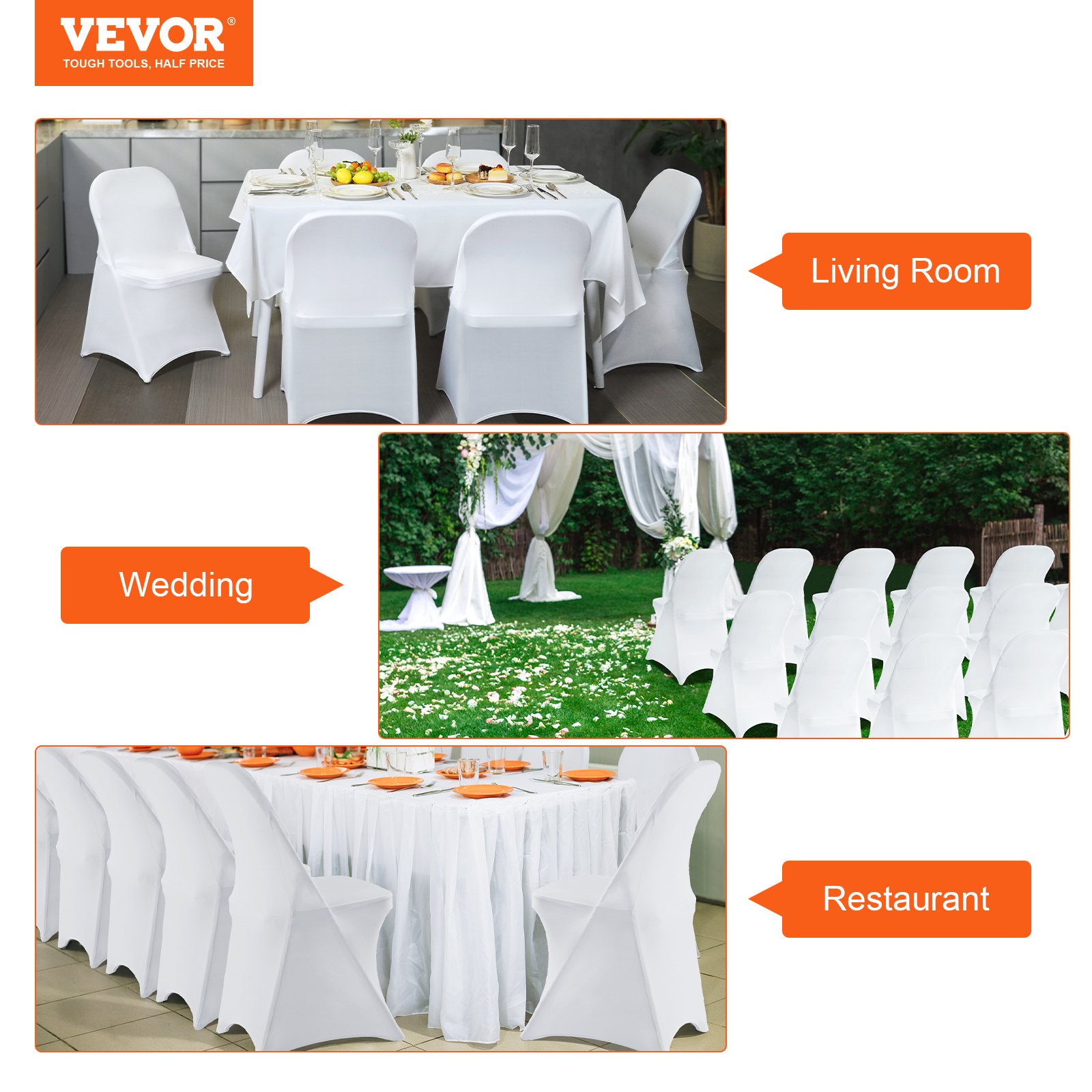 VEVOR Stretch Spandex Folding Chair Covers, Universal Fitted Chair Cover, Removable Washable Protective Slipcovers, for Wedding, Holiday, Banquet, Party, Celebration, Dining (12PCS White)