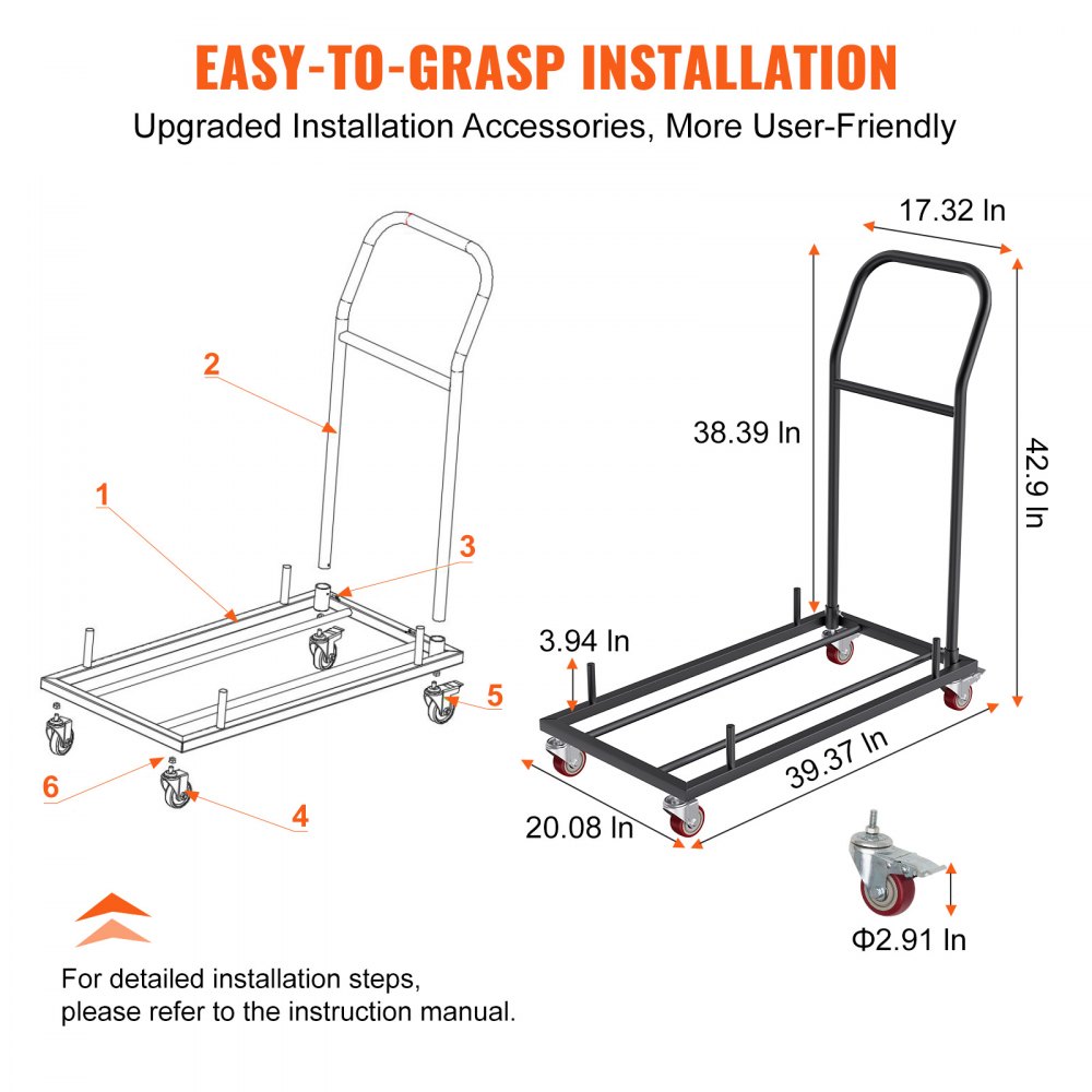 VEVOR folding chair dolly dimensions and assembly guide with labeled parts and measurements.