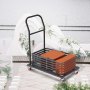 VEVOR folding chair dolly with stacked chairs near an outdoor lakeside wedding setup.