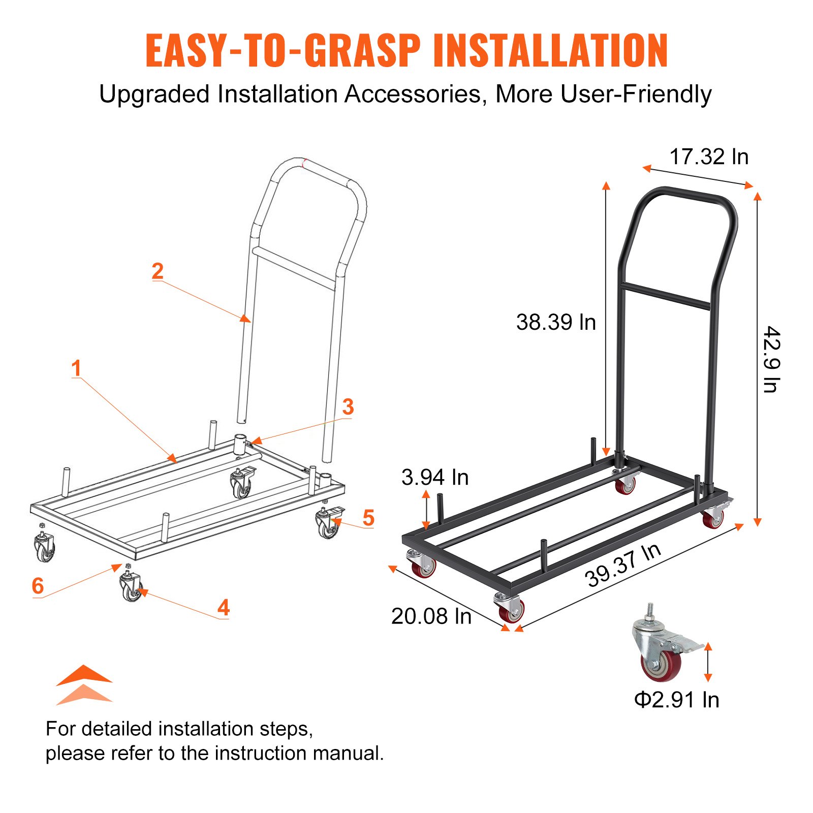VEVOR folding chair dolly dimensions and assembly guide with labeled parts and measurements.