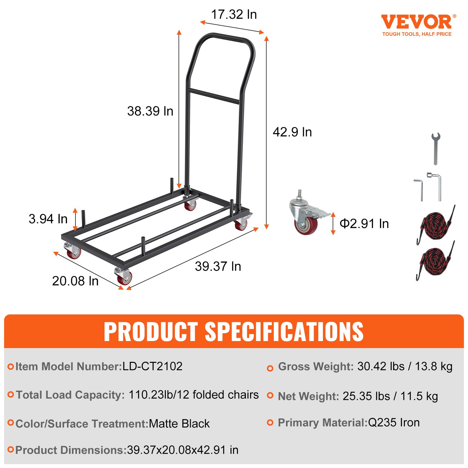 VEVOR folding chair dolly with dimensions and specifications, including load capacity and components.