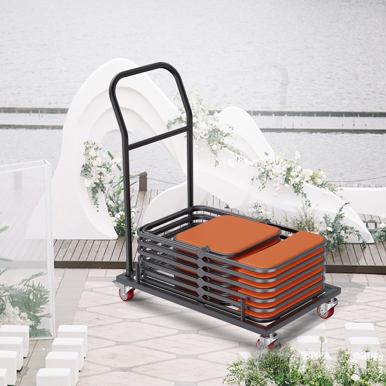 VEVOR folding chair dolly with stacked chairs near an outdoor lakeside wedding setup.