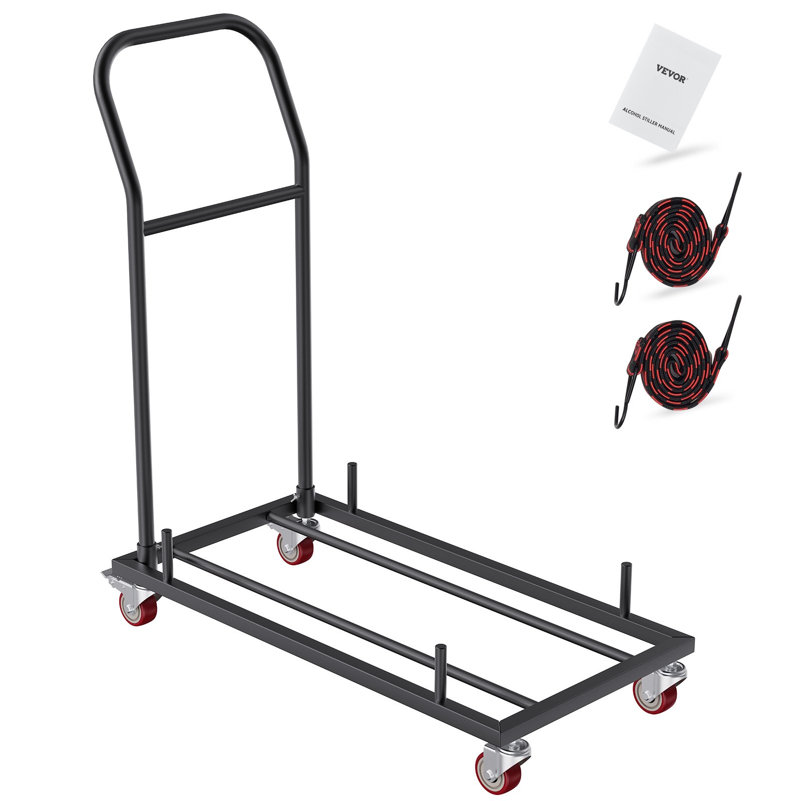 VEVOR folding chair dolly with stacked chairs, wheels, straps, and user manual.