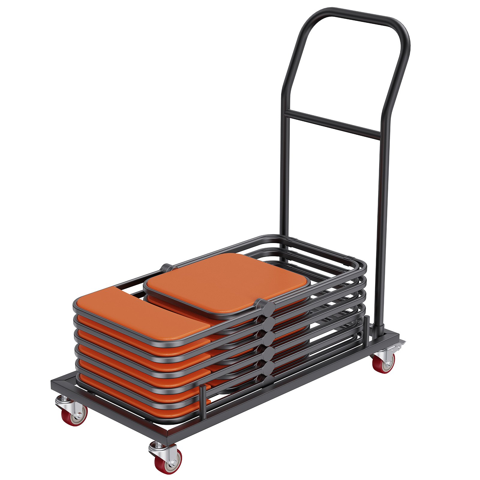 VEVOR folding chair dolly loaded with orange folding chairs on a black frame with red wheels.