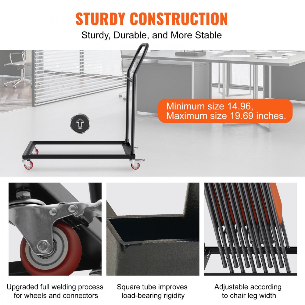 VEVOR folding chair dolly in office, highlighting sturdy construction, wheel close-up, square tube strength.