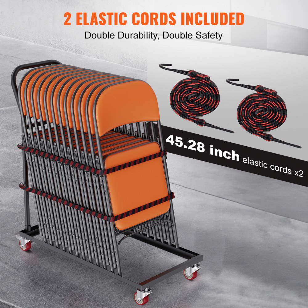 VEVOR folding chair dolly with elastic cords, orange chairs stacked securely, 45.28-inch cords included.