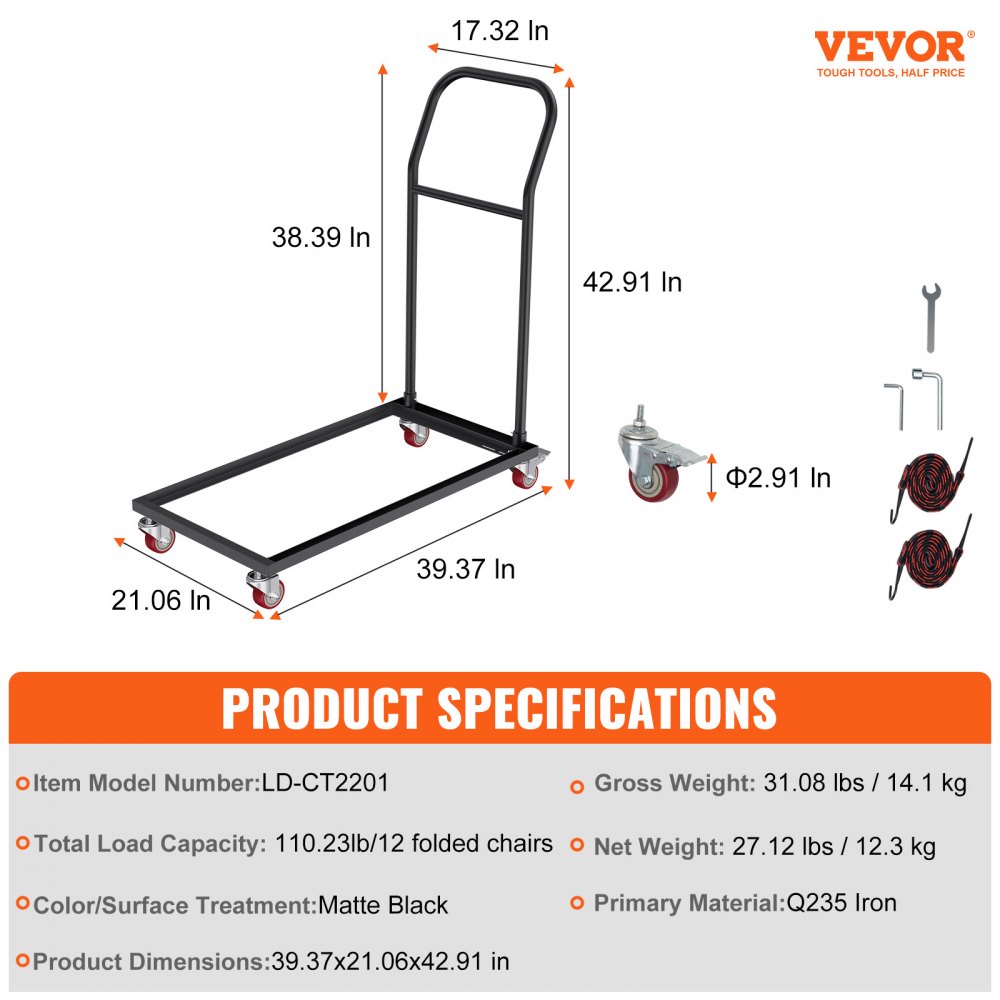 VEVOR folding chair dolly with dimensions, specifications, and assembly tools displayed.