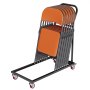 VEVOR folding chair dolly with stack of orange chairs on black frame and red caster wheels.