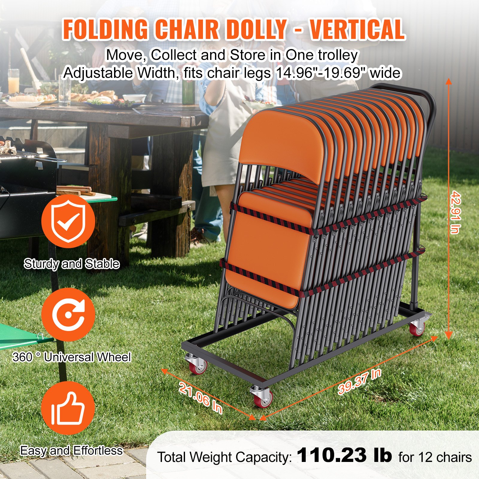 VEVOR folding chair dolly - vertical, sturdy and stable, 360 universal wheel, holds 12 chairs (110.23 lb).
