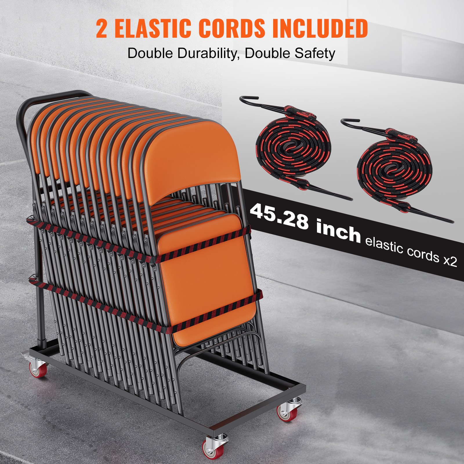 VEVOR folding chair dolly with elastic cords, orange chairs stacked securely, 45.28-inch cords included.