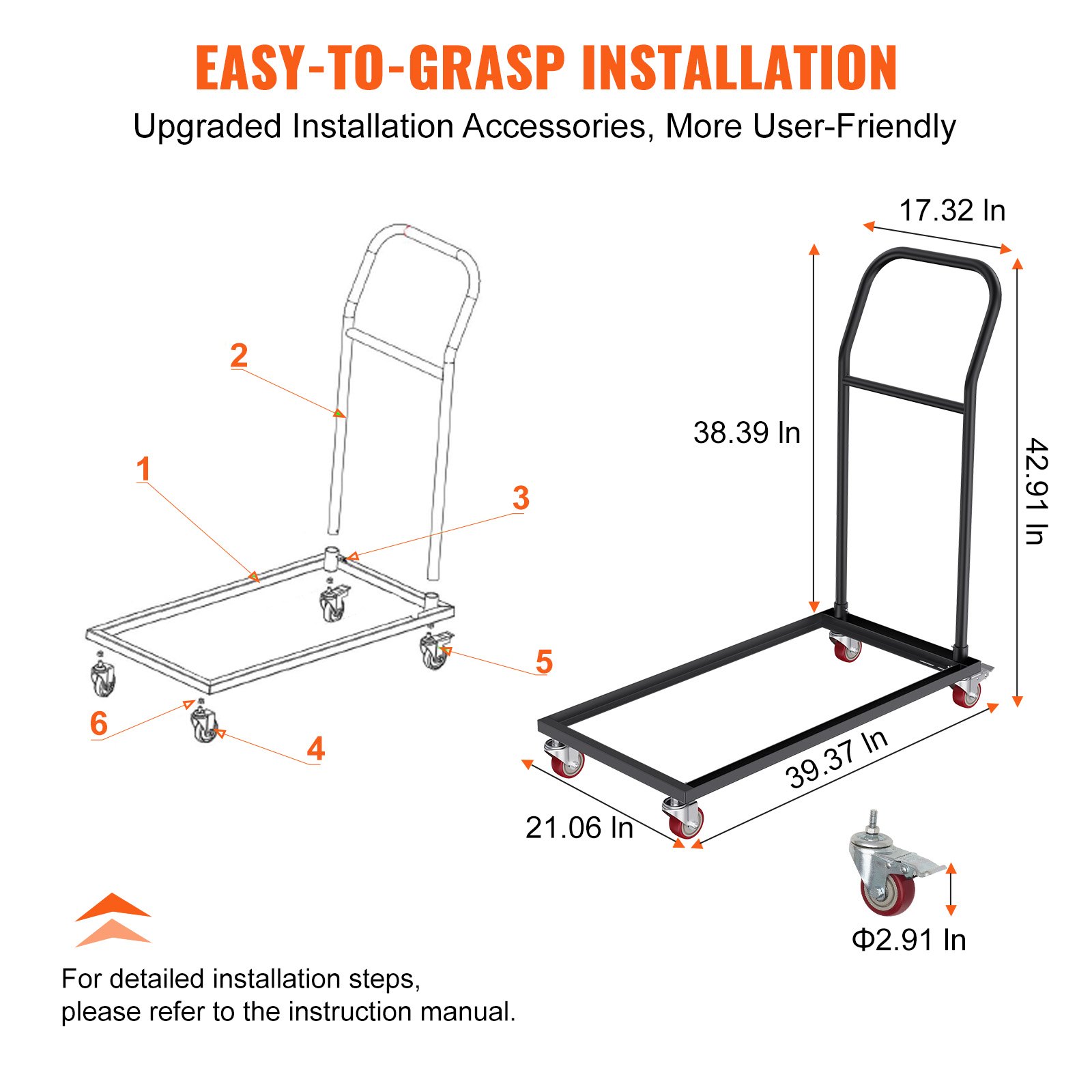 VEVOR hand truck with easy-to-grasp installation diagram, showing dimensions and parts.