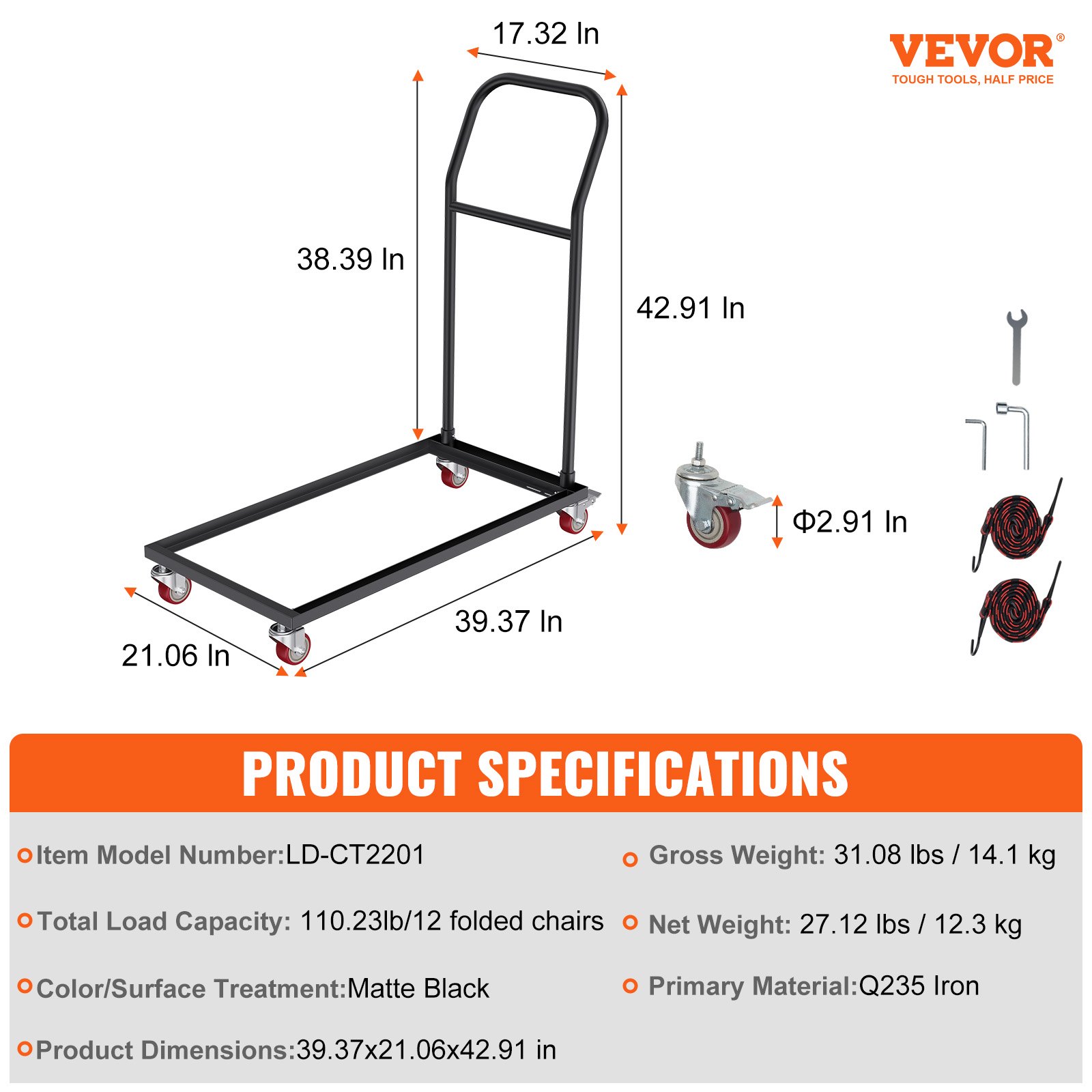 VEVOR folding chair dolly with dimensions, specifications, and assembly tools displayed.
