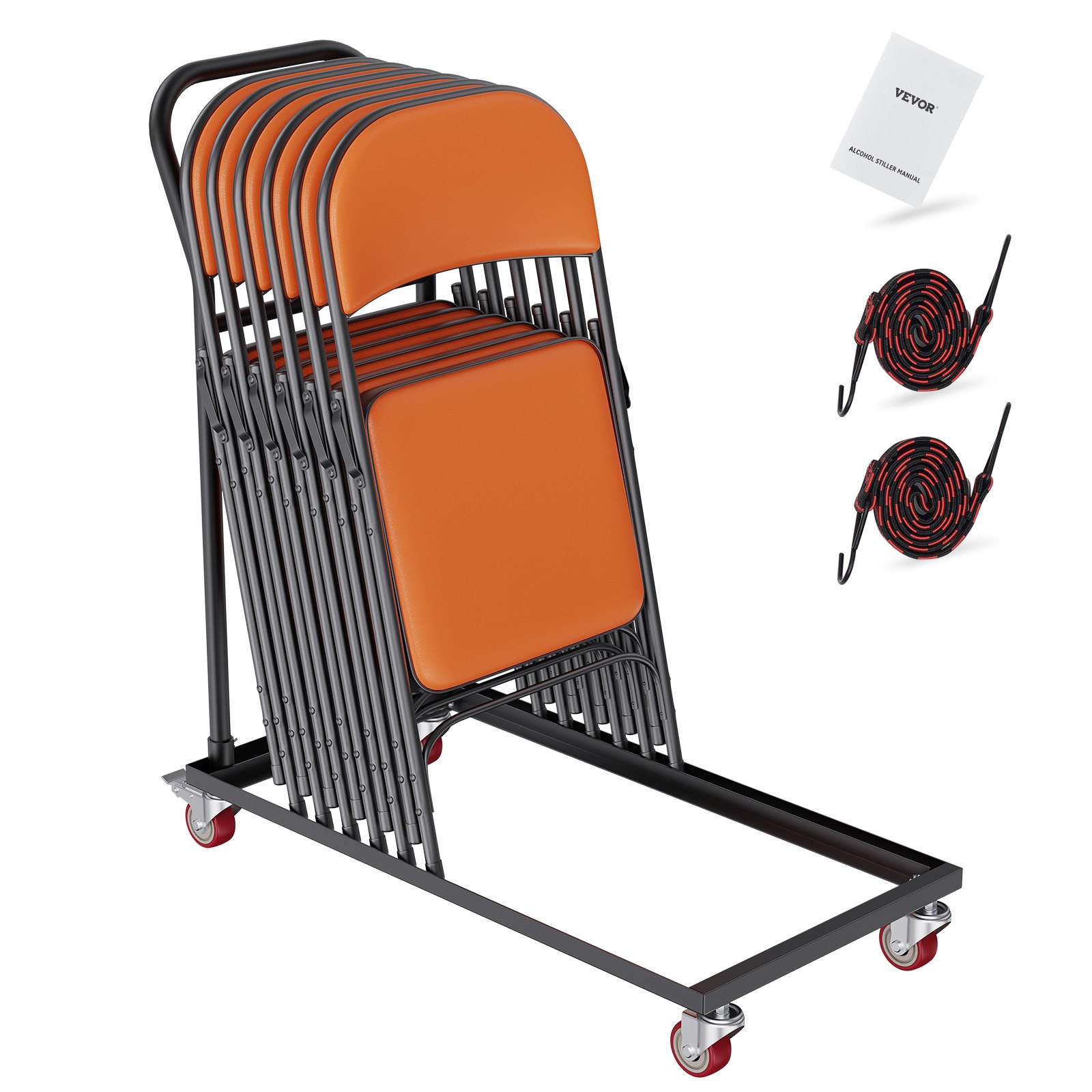 VEVOR folding chair dolly with stacked orange folding chairs, manual, and two securing straps.