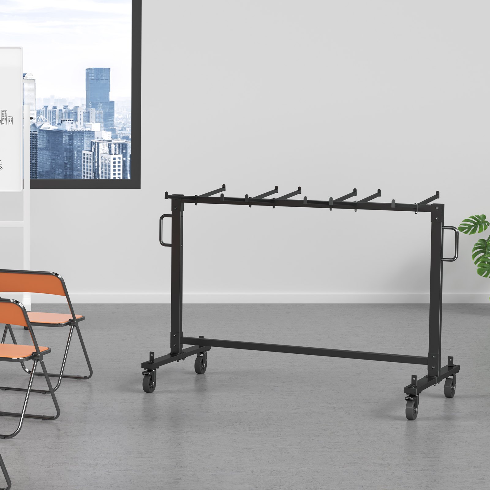 VEVOR folding chair cart holding stacked orange folding chairs in a modern office setting.