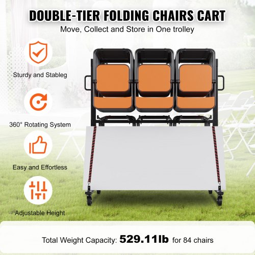 Heavy-Duty Two-Tier Folding Chair Cart - Holds 84 Chairs, 800 Lb Capacity, Locking Wheels