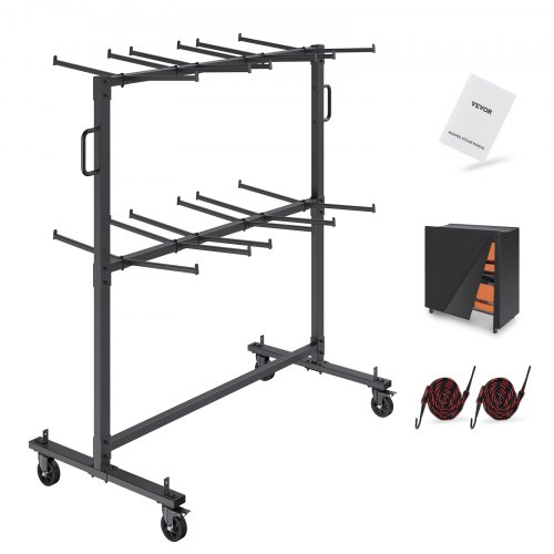 VEVOR Folding Chair Cart, Double Layer Mobile Stackable Chair Dolly, Storage Rack Trolley with 530 Lbs Capacity to Store 84 Chairs, Heavy Duty Iron Chairs Holder with 4 Casters, 2 Elastic Cords, Cover