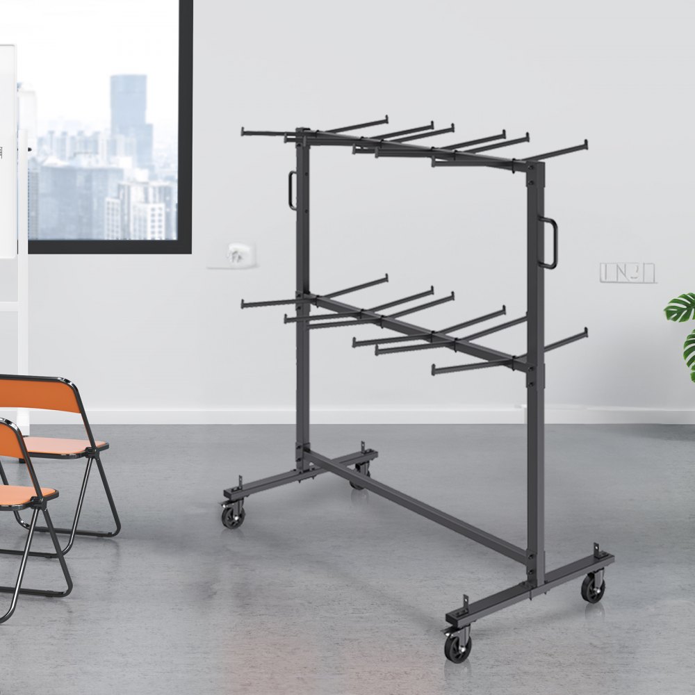 VEVOR Folding Chair Cart, Double Layer Mobile Stackable Chair Dolly, Storage Rack Trolley with 530 Lbs Capacity to Store 84 Chairs, Heavy Duty Iron Chairs Holder with 4 Casters, 2 Elastic Cords, Cover