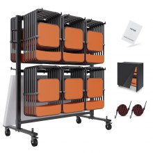 VEVOR Folding Chair Cart, Double Layer Mobile Stackable Chair Dolly, Storage Rack Trolley with 530 Lbs Capacity to Store 84 Chairs, Heavy Duty Iron Chairs Holder with 4 Casters, 2 Elastic Cords, Cover