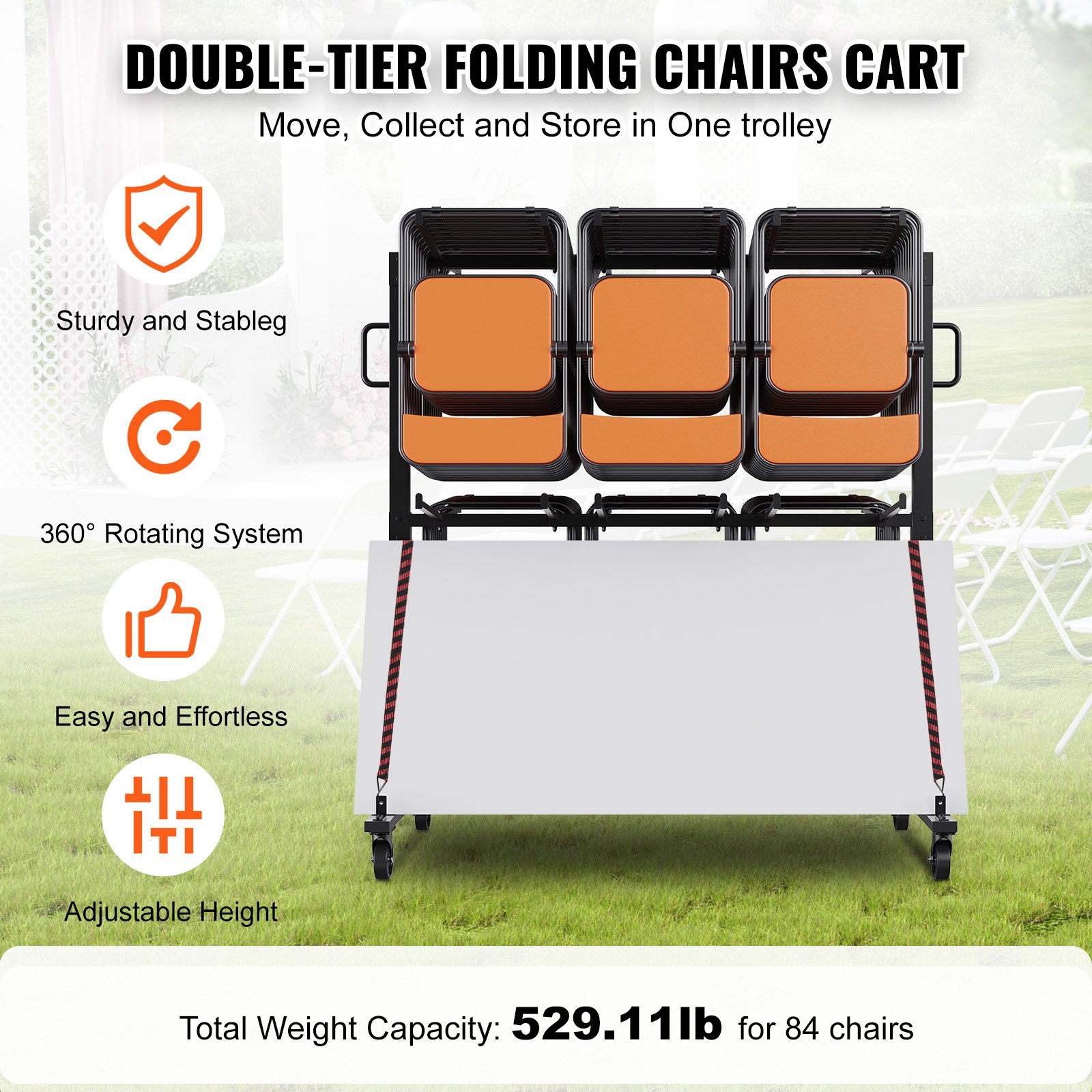 double-tier VEVOR folding chair cart with 360° rotating system, adjustable height, 529.11lb capacity.