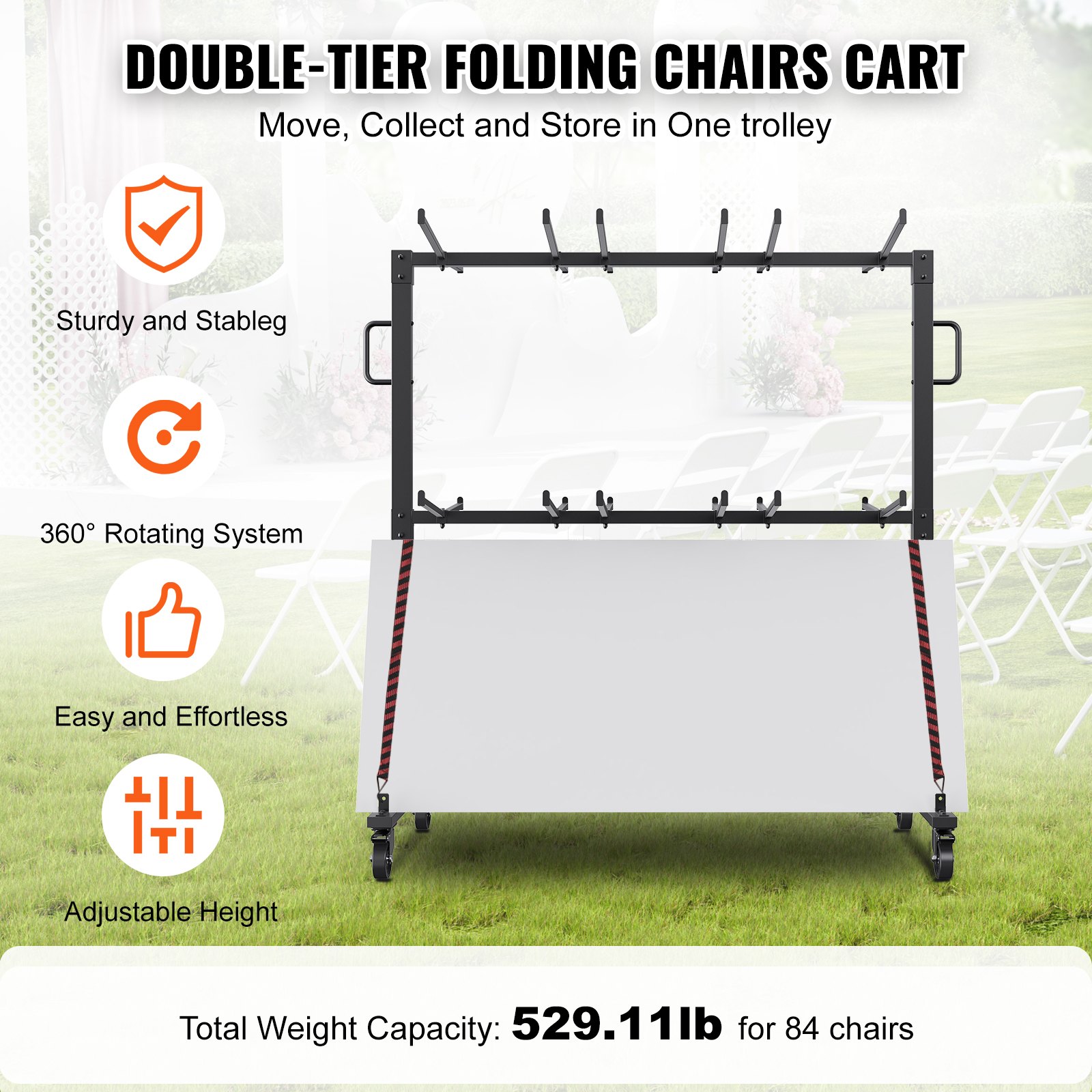 VEVOR Folding Chair Cart, Double Layer Mobile Stackable Chair Dolly, Storage Rack Trolley with 530 Lbs Capacity to Store 84 Chairs, Heavy Duty Iron Chairs Holder with 4 Casters, 2 Elastic Cords, Cover