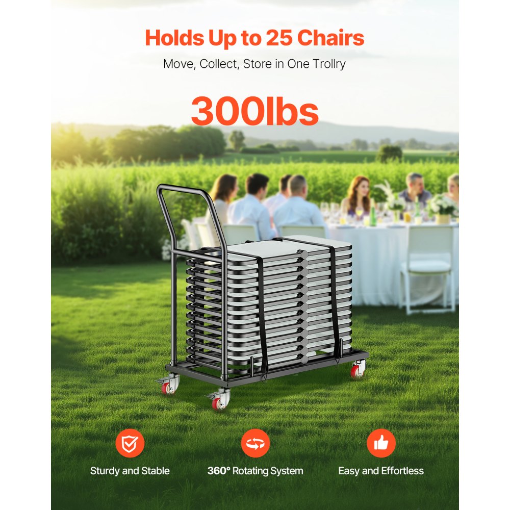 VEVOR Folding Chair Rack, 300 LBS Capacity, L-shape Horizontal Placement Chair Cart for 25 Chairs, Heavy-duty Metal Chair Storage Dolly with Rubber Wheels and Holders, Large Chair Holder, Matte Black