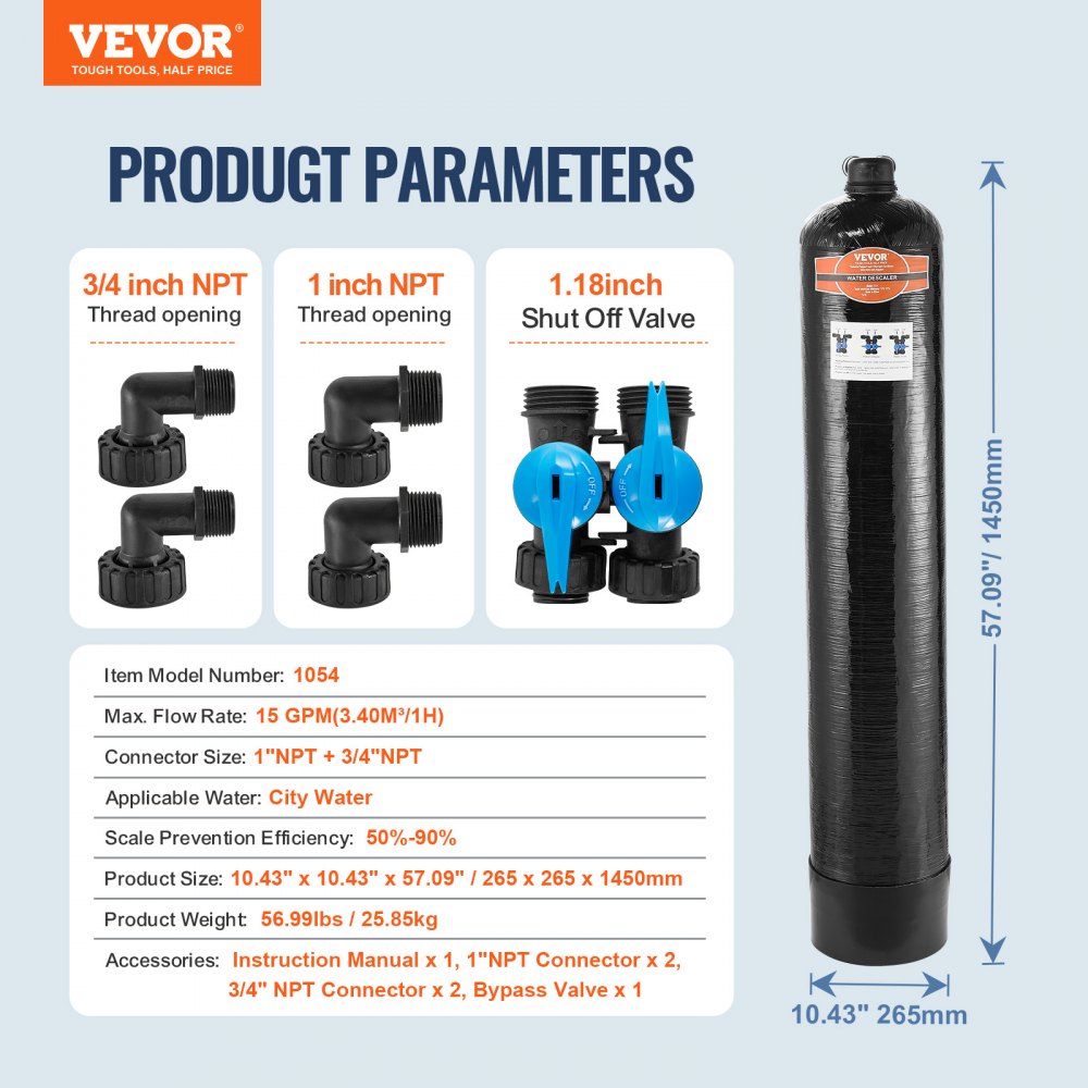 VEVOR Whole House Salt Free Descaler, Water Filter for City Water, 1100,000 Gallon Whole House Water Descaler for All Kinds of Plumbing Pipes, 1" BSPT & 3/4" BSPT, for 5-8 Person Family