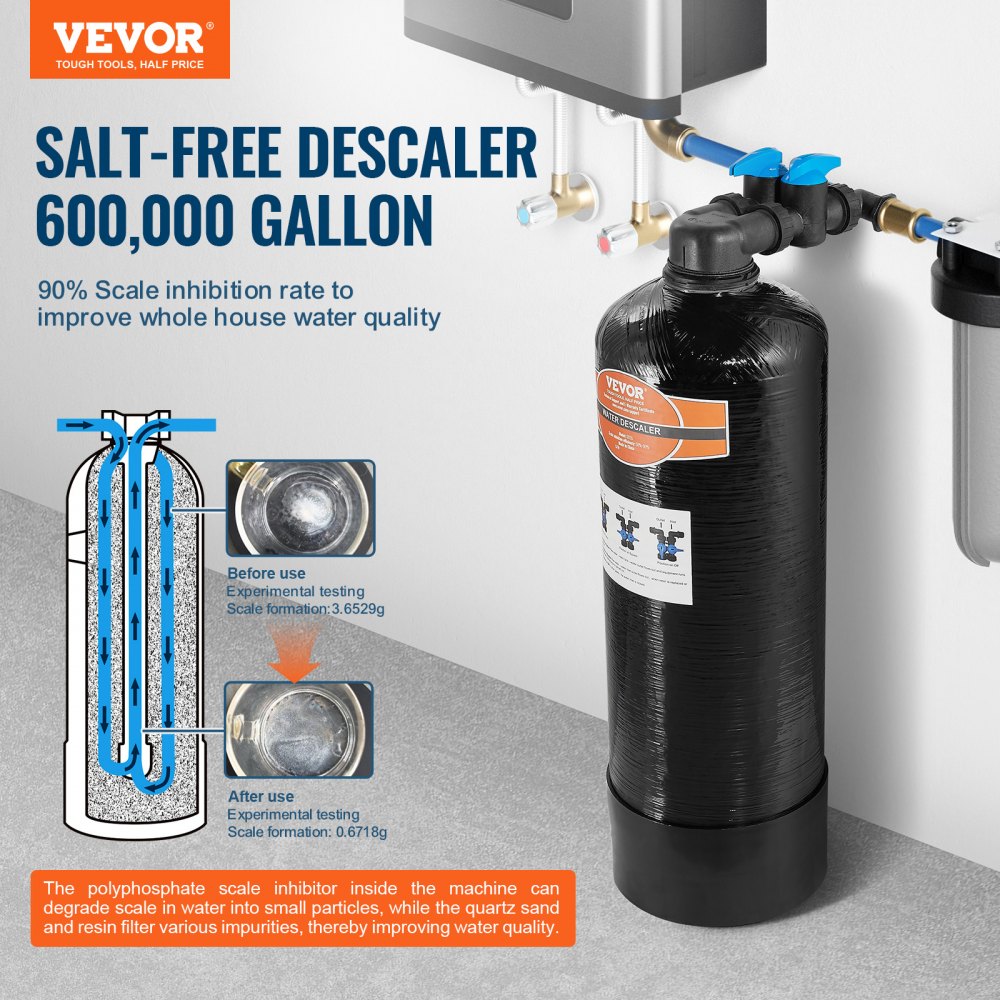 VEVOR Whole House Salt Free Descaler, Water Filter for City Water, 580,000 Gallon Whole House Water Descaler for All Kinds of Plumbing Pipes, 1" BSPT & 3/4" BSPT, for 2-3 Person Family