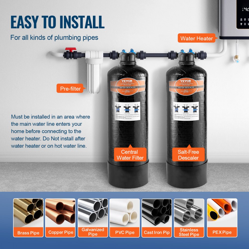 VEVOR Whole House Salt Free Descaler, Water Filter for City Water, 580,000 Gallon Whole House Water Descaler for All Kinds of Plumbing Pipes, 1" BSPT & 3/4" BSPT, for 2-3 Person Family