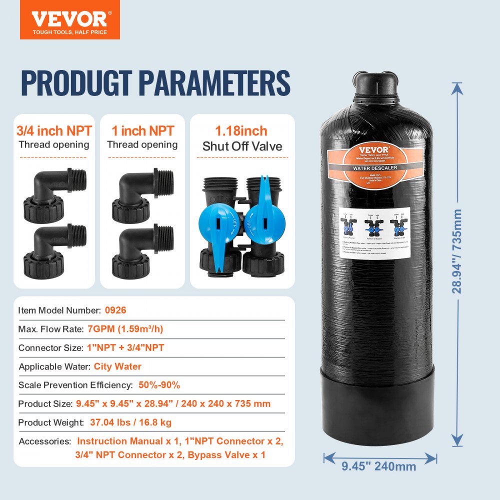 VEVOR Whole House Salt Free Descaler, Water Filter for City Water, 580,000 Gallon Whole House Water Descaler for All Kinds of Plumbing Pipes, 1" BSPT & 3/4" BSPT, for 2-3 Person Family