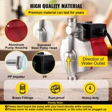 VEVOR Hot Water Recirculating Pump, 120W 110V Water Circulator Pump, Automatic Start Circulating Pump NPT 3/4\" with Brass Fittings, Stainless Steel Head, 2 Speed Control for Electric Water Heater Sys