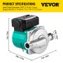 VEVOR hot water recirculating pump with size and inlet/outlet specifications.