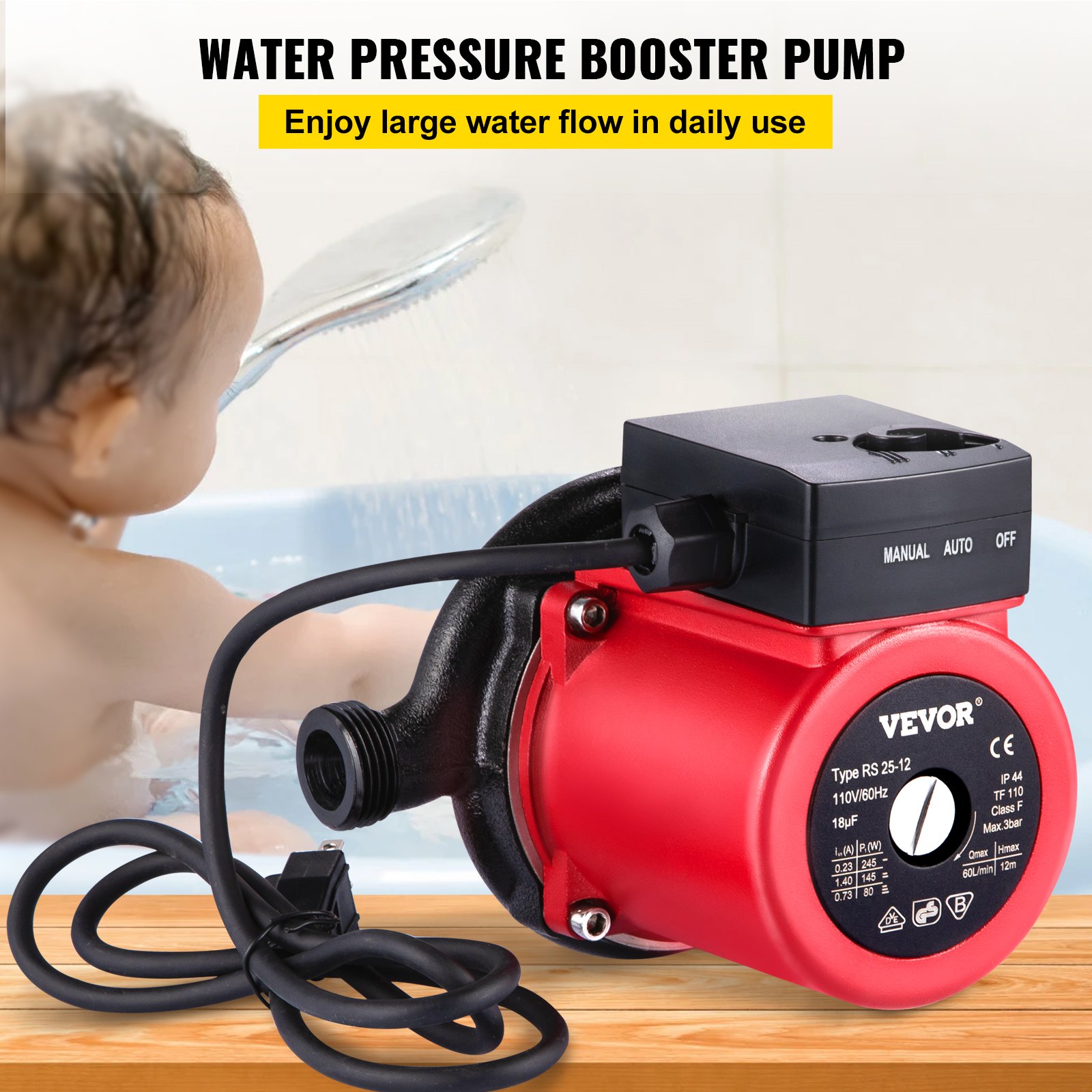VEVOR Hot Water Recirculating Pump, 245W 110V Water Circulator Pump, Automatic Start Circulating Pump NPT 3/4\" with Brass Fittings, Stainless Steel Head, 2 Speed Control for Electric Water Heater Sys