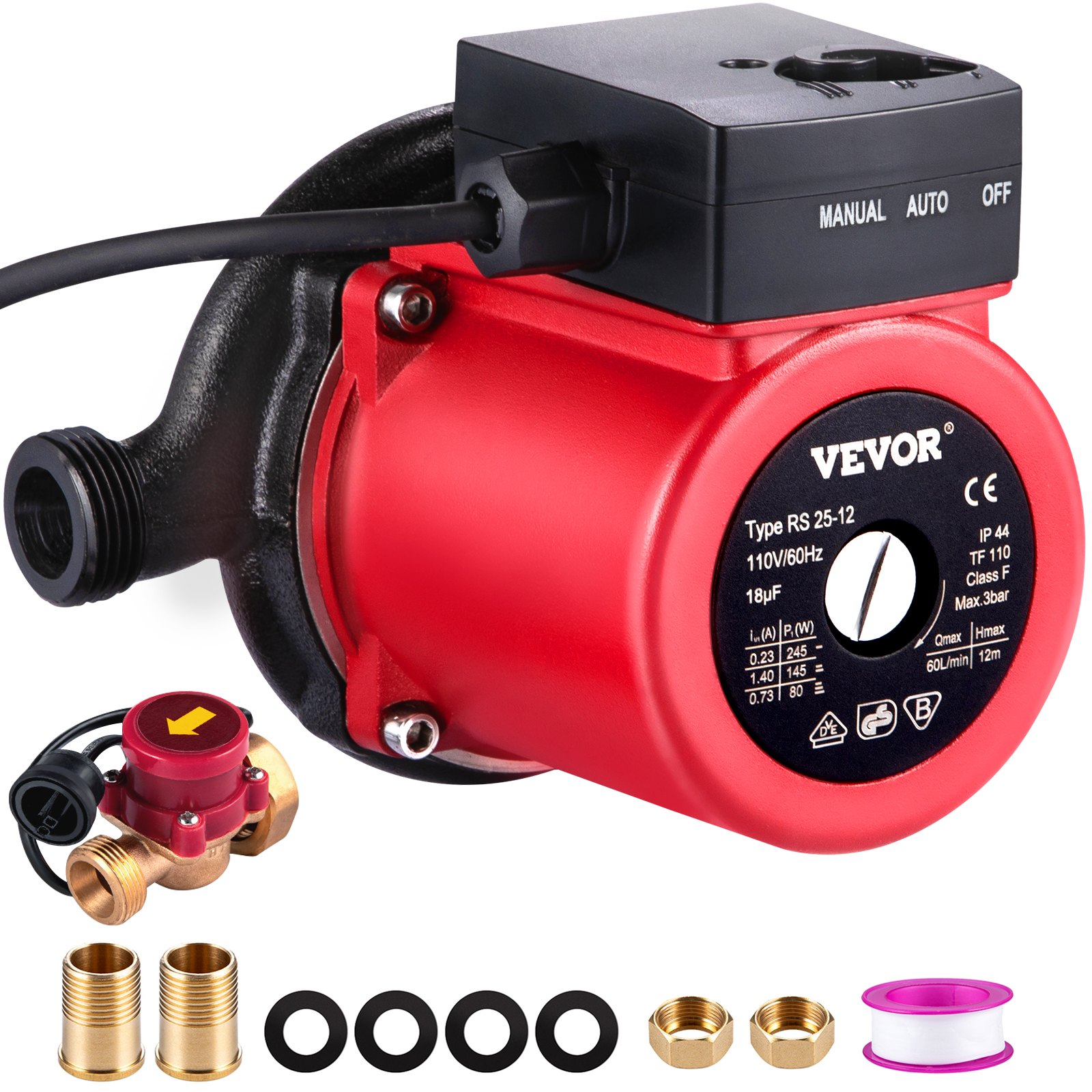 VEVOR Hot Water Recirculating Pump, 245W 110V Water Circulator Pump, Automatic Start Circulating Pump NPT 3/4\" with Brass Fittings, Stainless Steel Head, 2 Speed Control for Electric Water Heater Sys