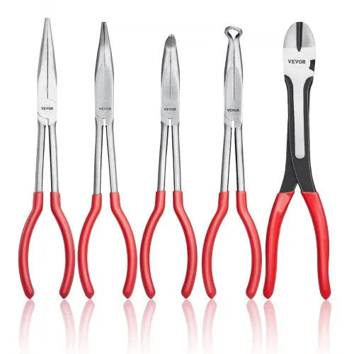 VEVOR 5-Piece Needle Nose Pliers, 11 in Long Needle Nose Pliers Set, Diagonal Cutting Pliers, 45°/ 90° Bent Nose Plier, Round Nose Plier, Long Nose Plier, Professional Pliers Set with Storage Bag